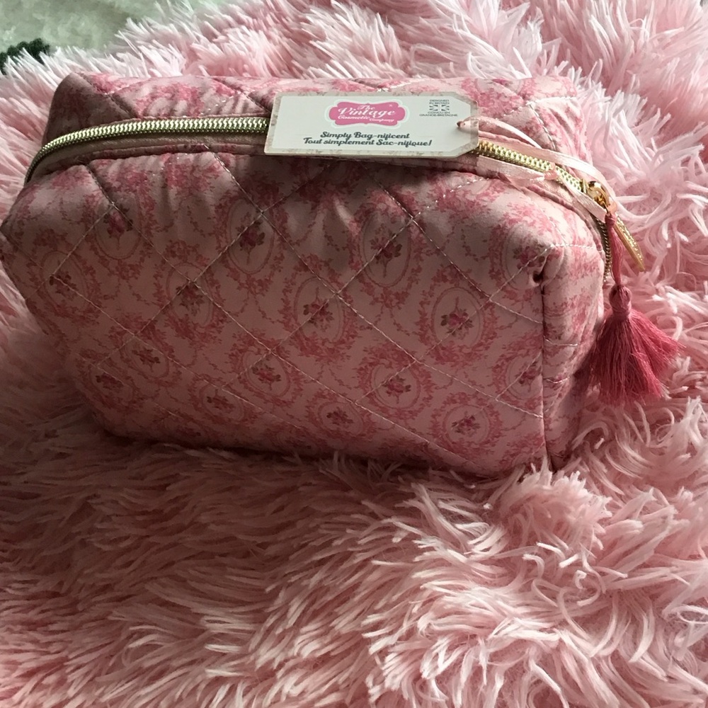 New Fabric Vintage Style Pink Rose Flower Quilted Cosmetic Bag